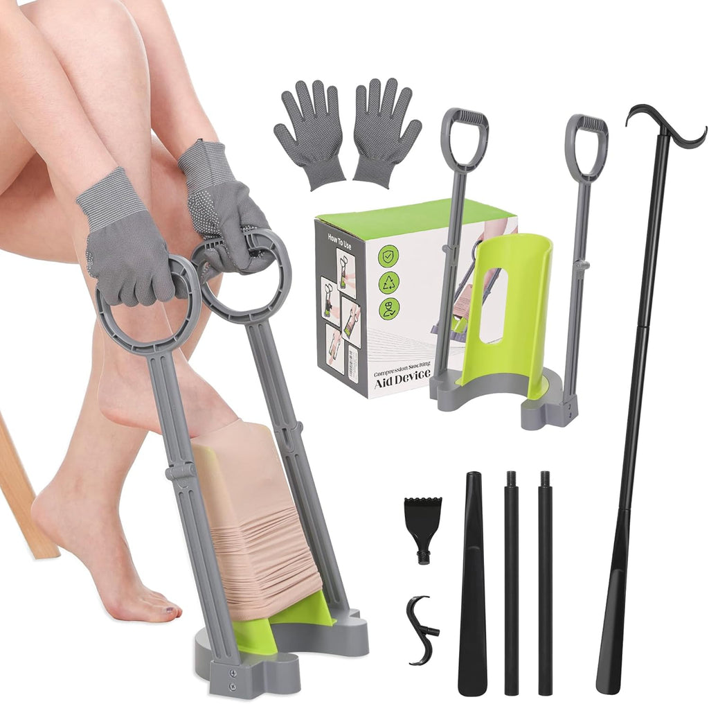 Compression Sock Aid Device with Dressing Stick for Easy On Compression Hosiery

