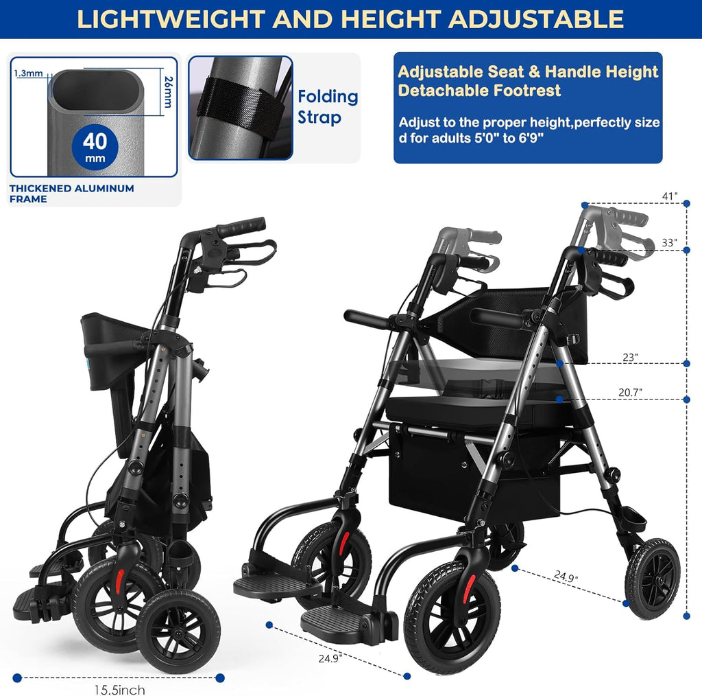Akoasm Foldable Rollator Walker with Seat, 2-in-1 Wheelchair Combo

