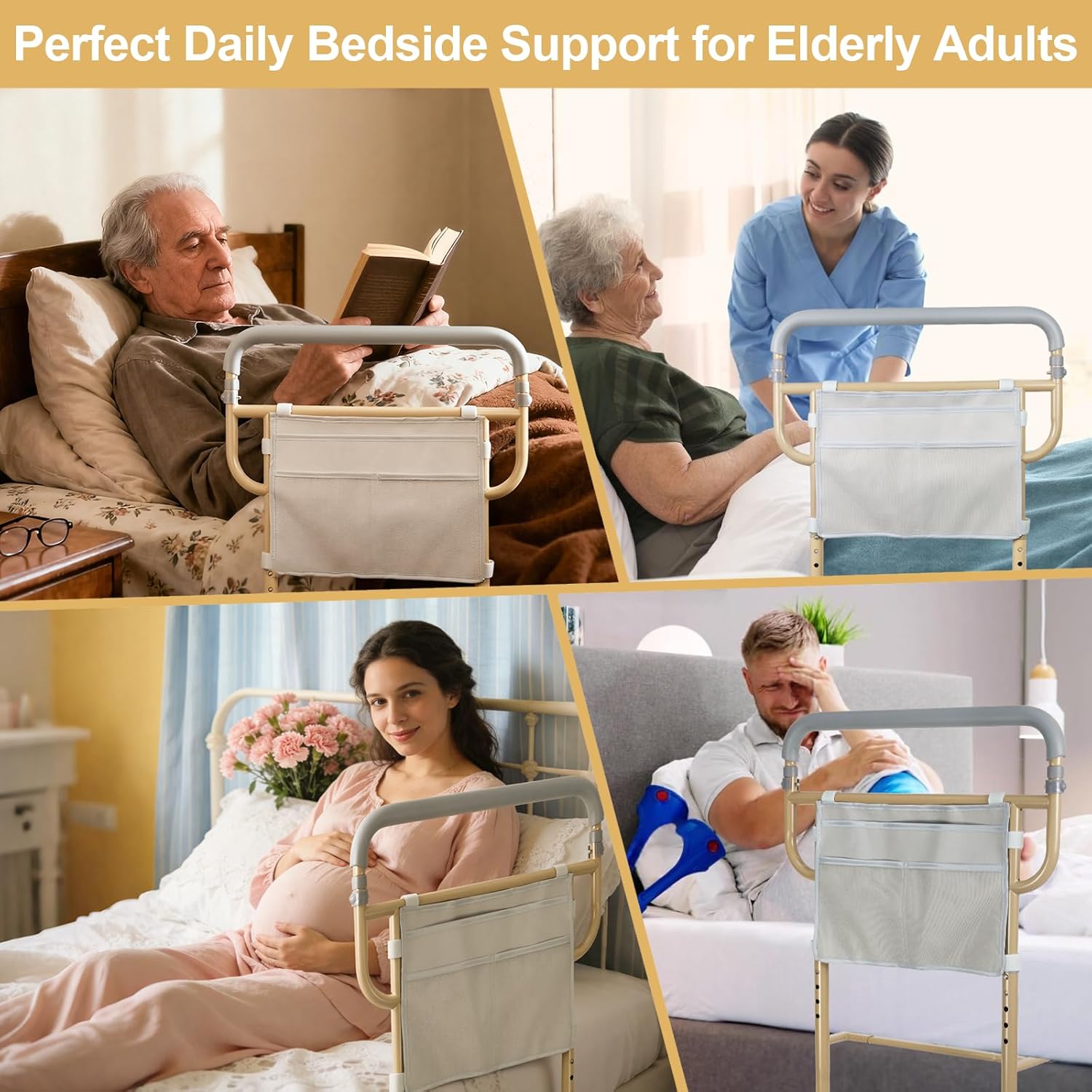 Bed Rails for Seniors with Non-Slip Handle, Storage Pocket, 360° Swivel Feet

