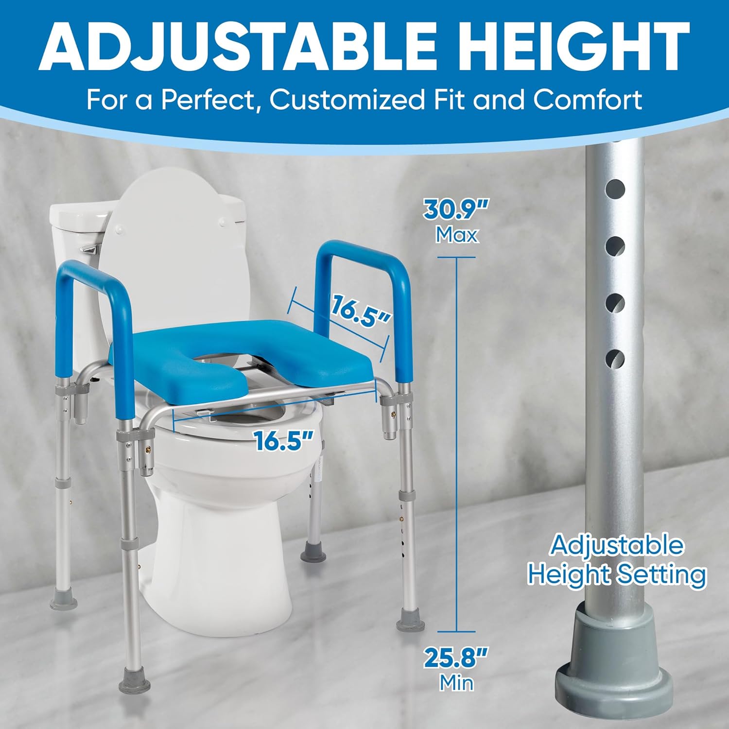 Adjustable Raised Toilet Seat with Handles, Padded Armrests, Bedside Commode

