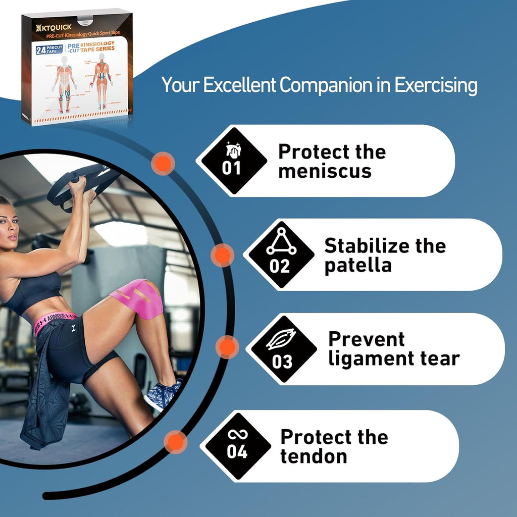 KTQUICK Pre-Cut Kinesiology Tape for Knees, Waterproof Cotton, Latex-Free

