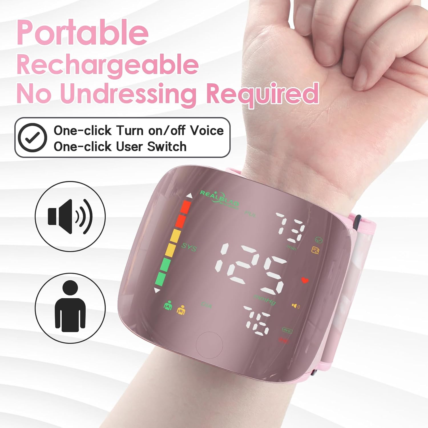 Wrist Blood Pressure Monitor for Home Use, Curved Screen, Rechargeable BP Machine

