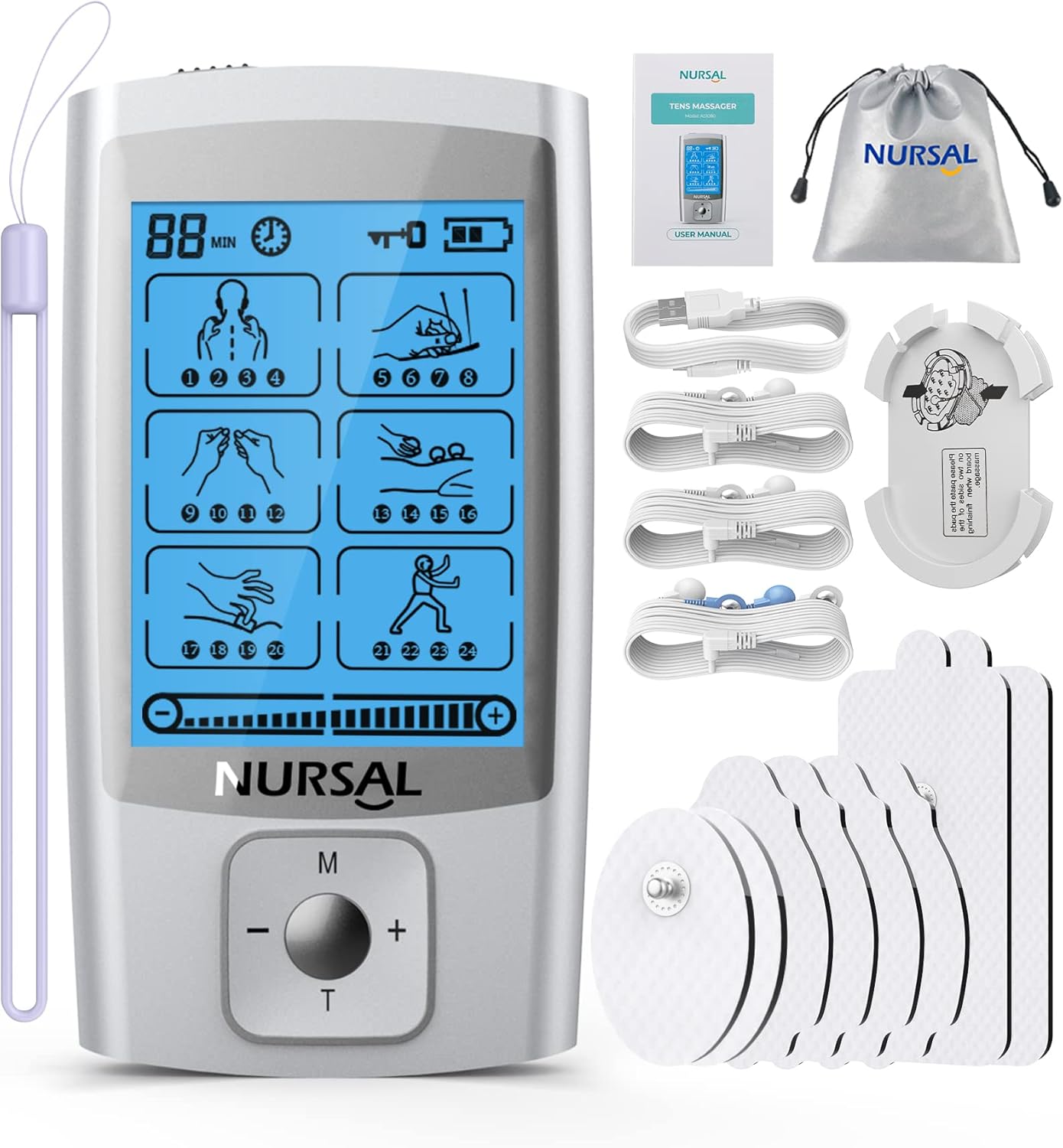 NURSAL 24 Modes TENS EMS Muscle Stimulator Rechargeable Electronic Pulse Massager

