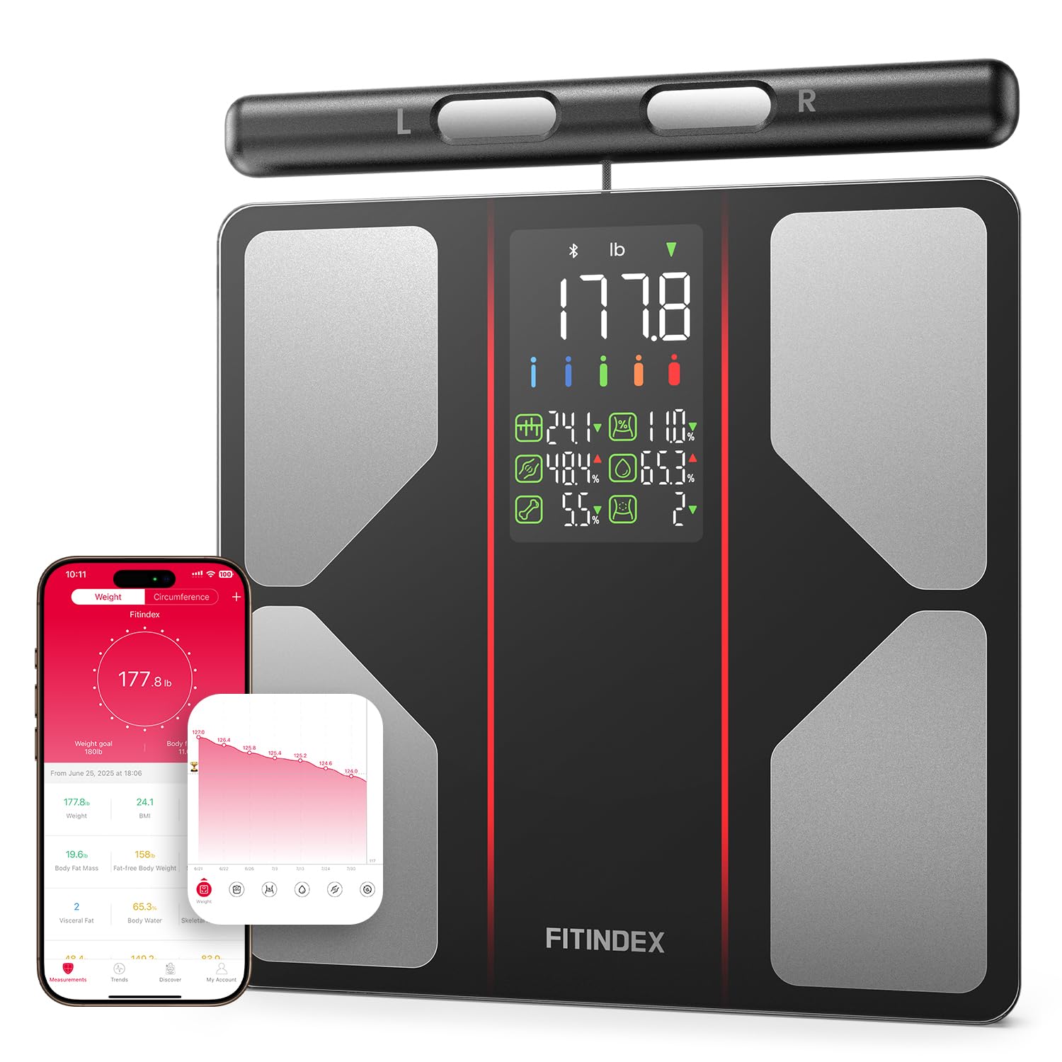 Fitindex Smart Body Composition Scale with BMI, Fat, Muscle Mass, Body Water, 400 lb

