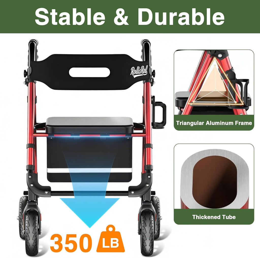 Walkers for Seniors Taller Foldable Rollator Walker Reinforced Aluminum Frame 8" Wheels

