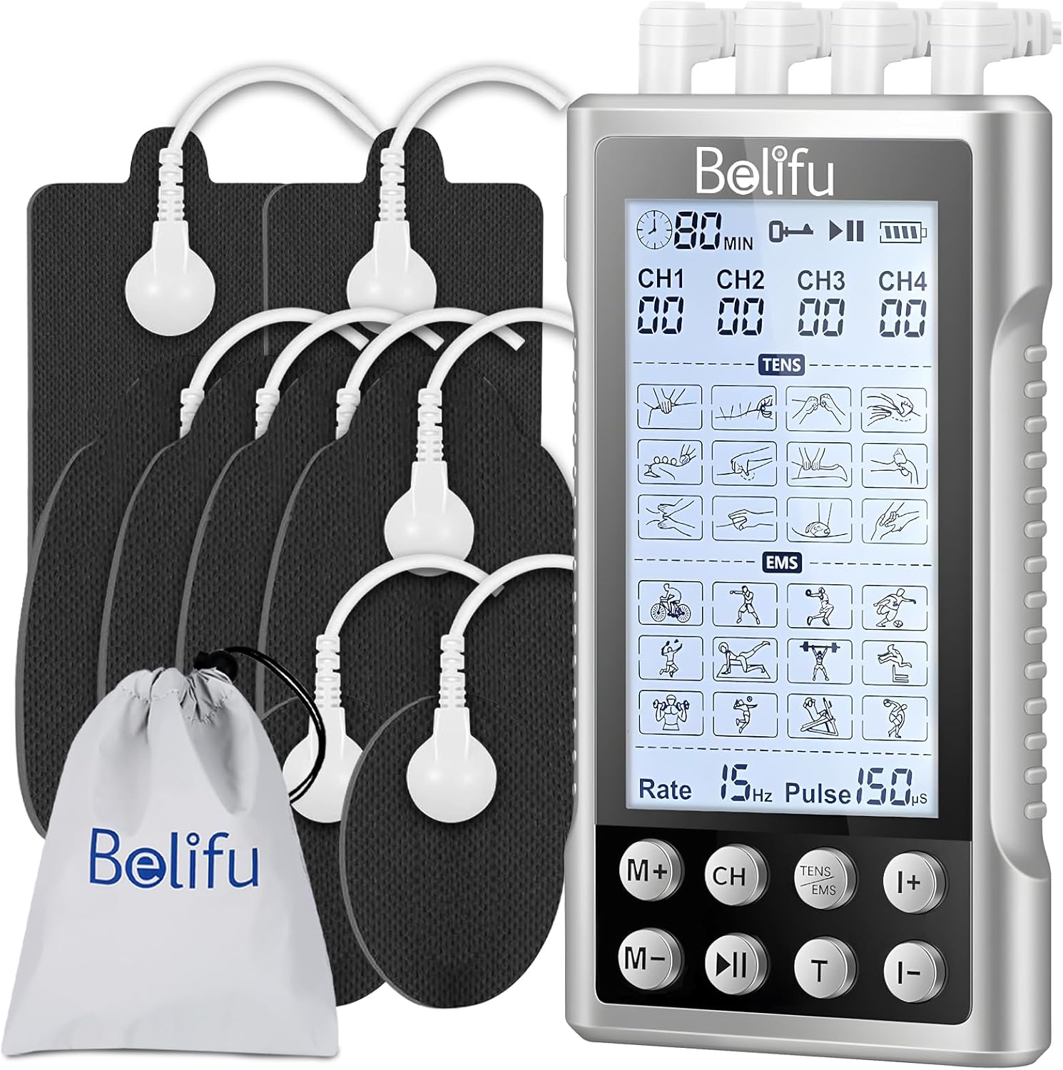 Belifu 4-Channel TENS EMS Muscle Stimulator with Rechargeable Battery, 10 Pads

