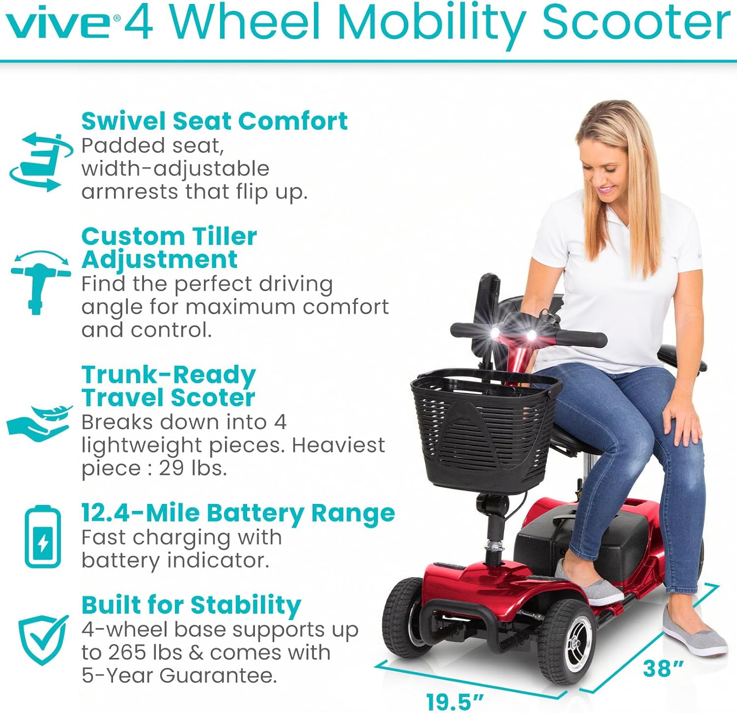 Vive 4-Wheel Electric Mobility Scooter, Compact Travel Powered Wheelchair

