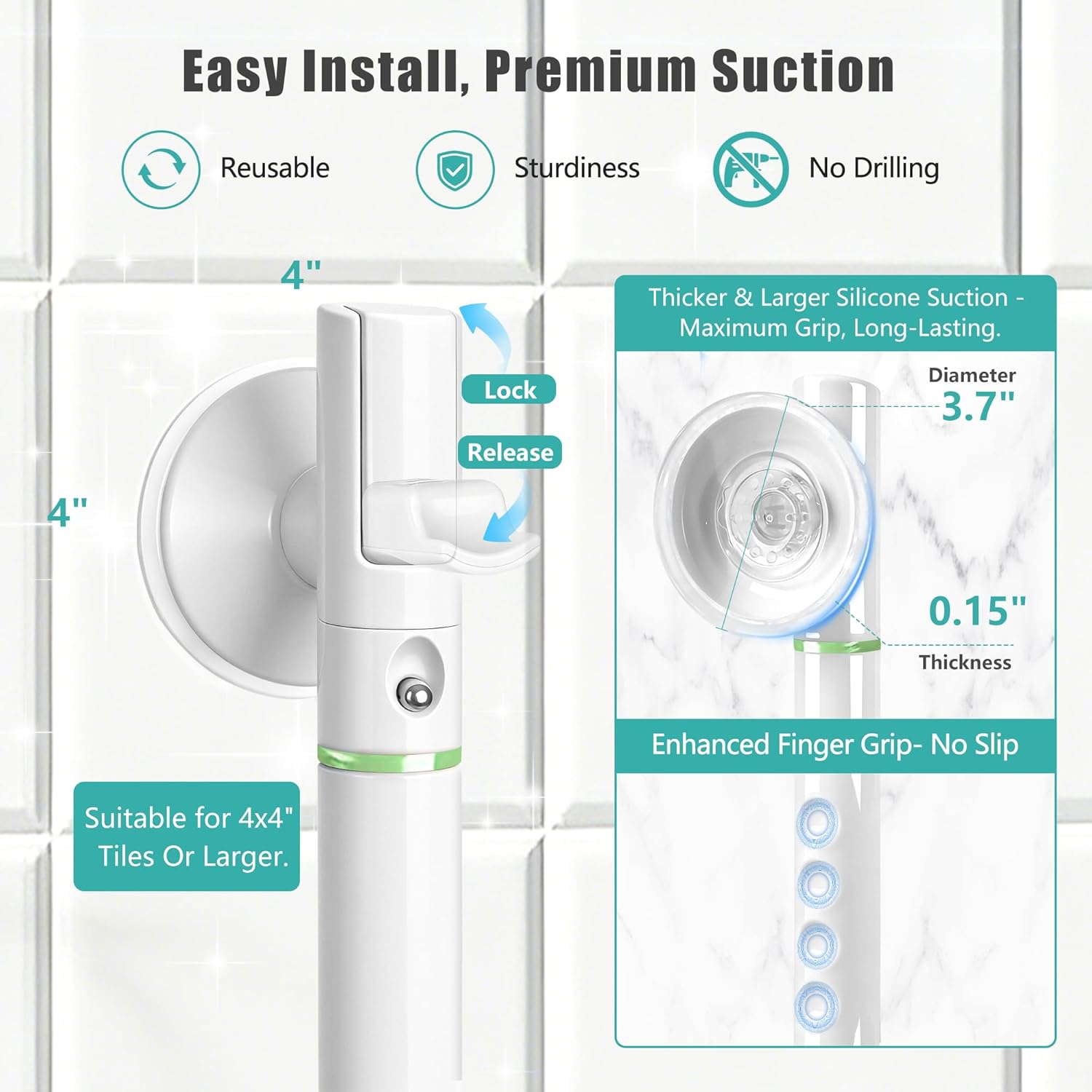 No-Drill Suction Shower Grab Bar for Seniors, Non-Slip Bathroom Safety Handle

