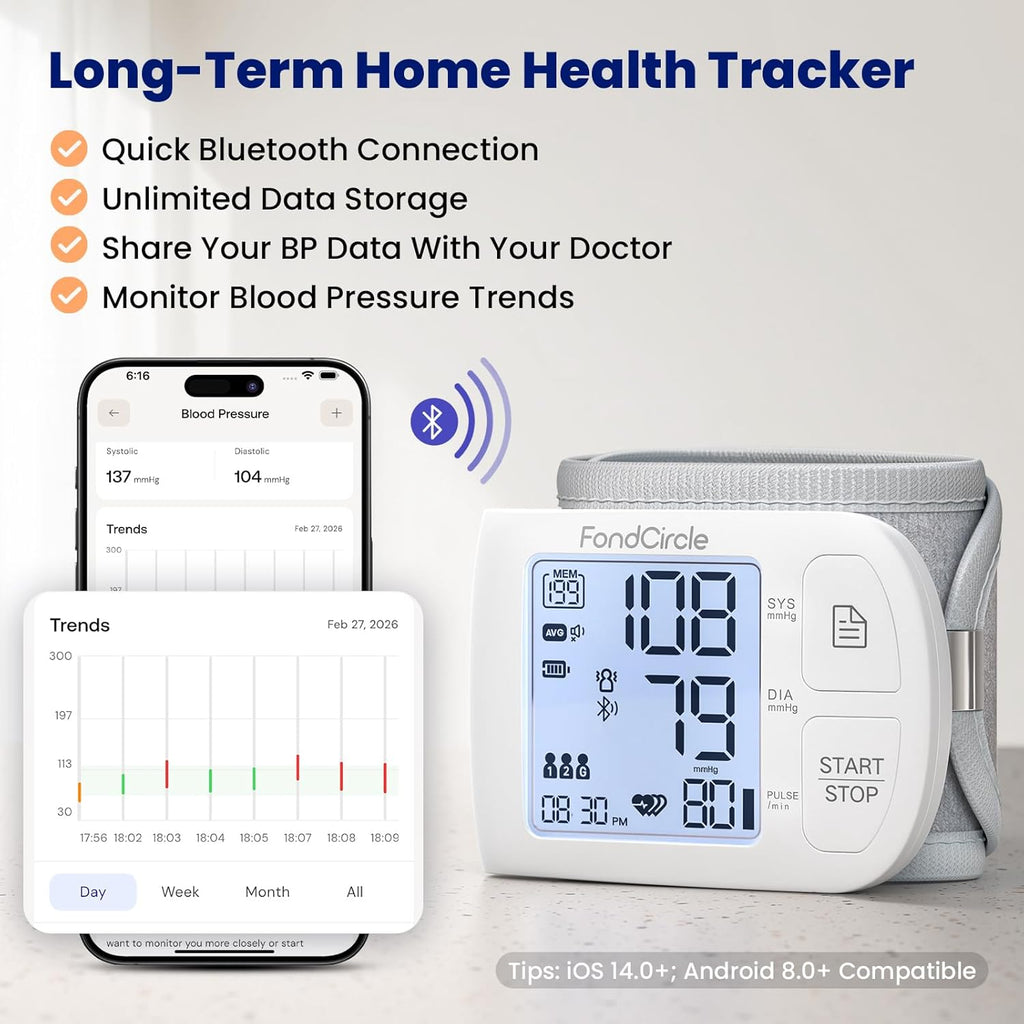 Wrist Blood Pressure Monitor Bluetooth Automatic Cuff, Talking Digital with App

