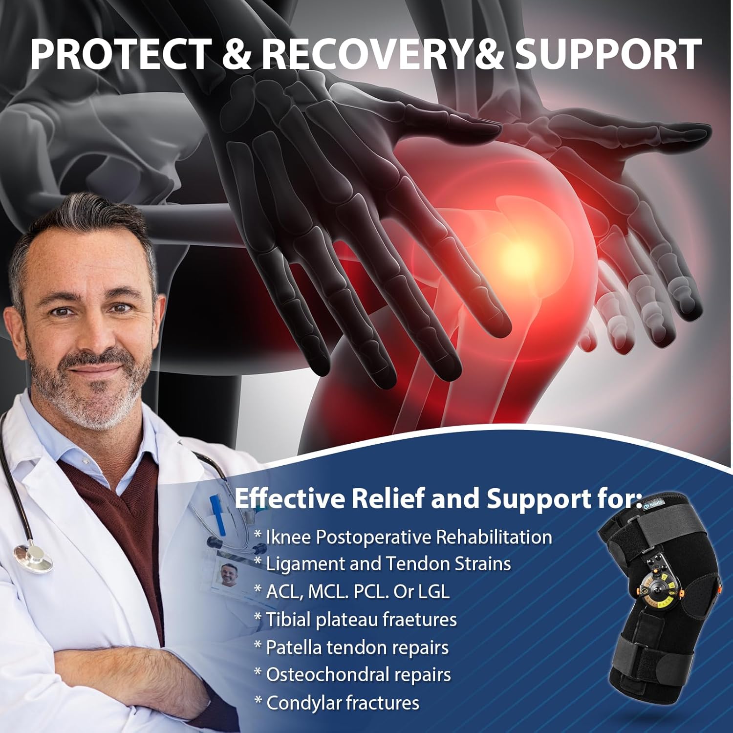 Nvorliy Hinged ROM Knee Brace with Side Stabilizers and Locking Dials

