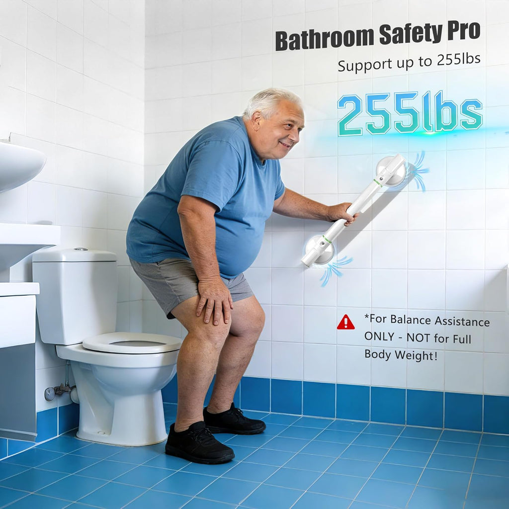 No-Drill Suction Shower Grab Bar for Seniors, Non-Slip Bathroom Safety Handle


