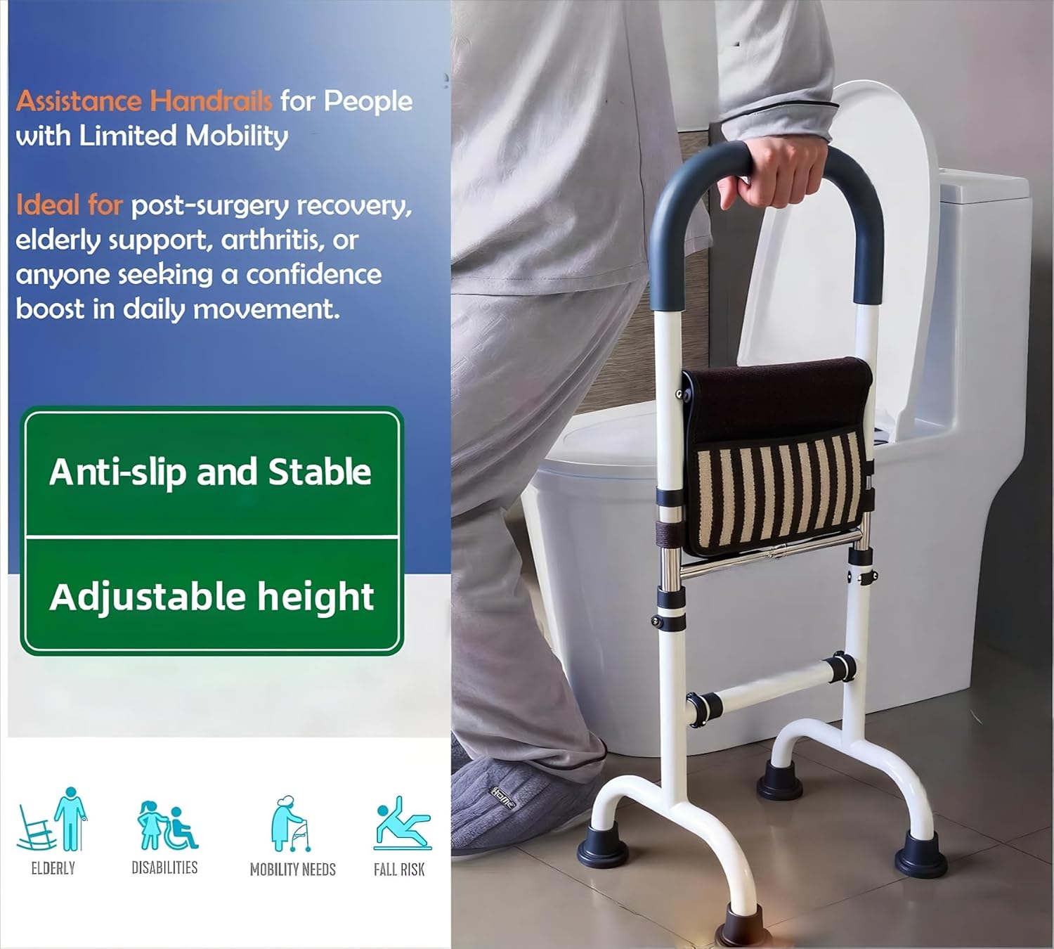 Adjustable Stand Assist Cane with 4-Point Base, 350 lb Capacity, Mobility Aid

