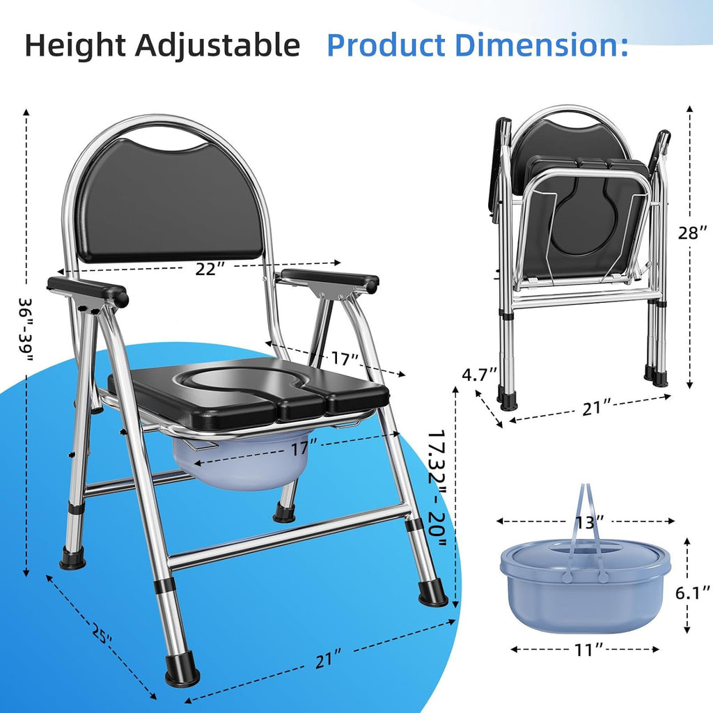 4-in-1 Folding Bedside Commode Chair for Elderly with Arms and Back, Adjustable Height

