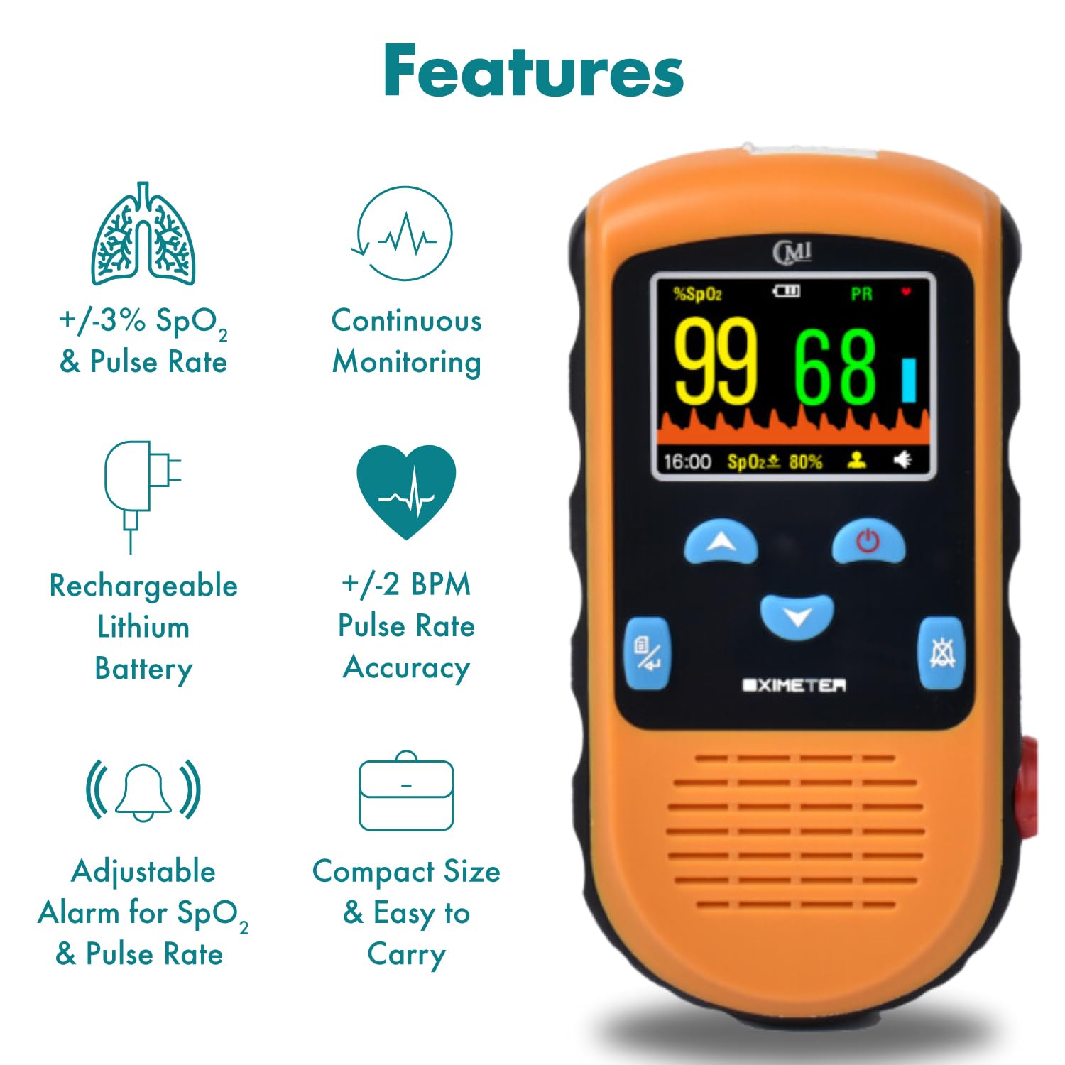 CMI Health Rechargeable Pulse Oximeter for Adult Finger, SpO2 and Pulse Monitor

