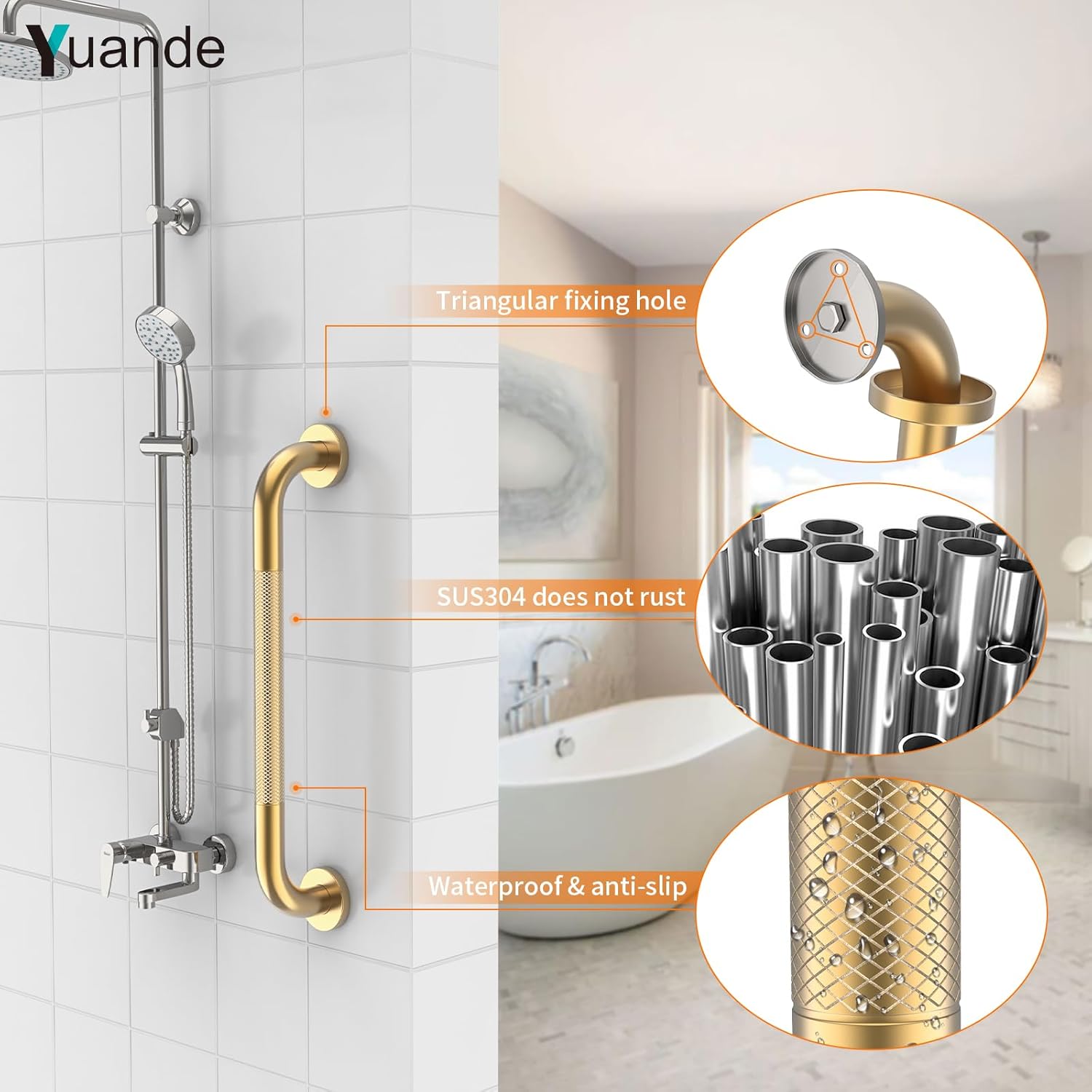 YuanDe Bathroom Shower Grab Bar, Stainless Steel 1 in Knurled Anti-Slip Safety Rail

