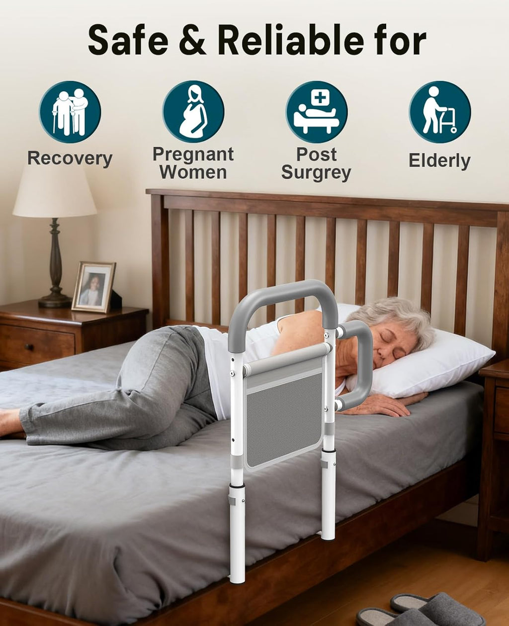 ONTHEWEI Bed Rails for Elderly Adults Safety, Dual Non-Slip Handle, Storage Pouch


