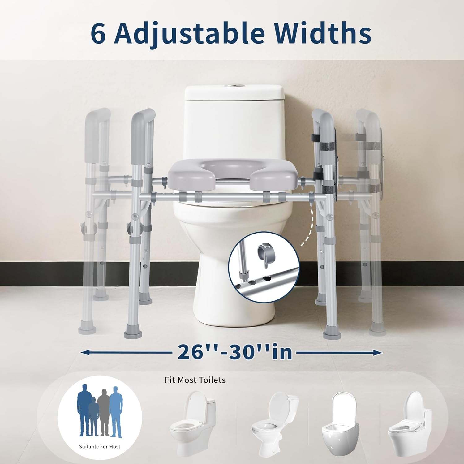 Raised Toilet Seat with Handles, Toilet Seat Riser for Seniors, Adjustable Height and Width, Padded Cushion, 450 lb Capacity, Non-Slip Safety Design

