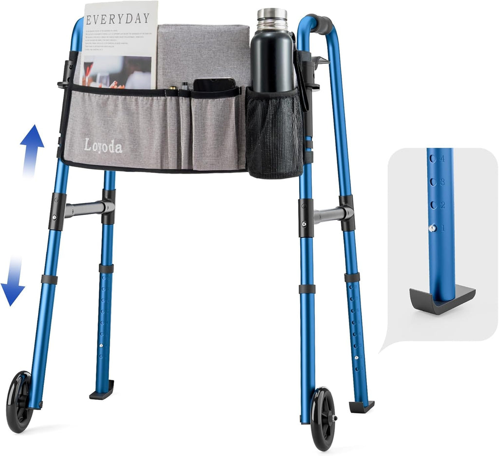 Loyoda Folding Walker with Front Wheels, Storage Bag, Height Adjustable, 350 lb

