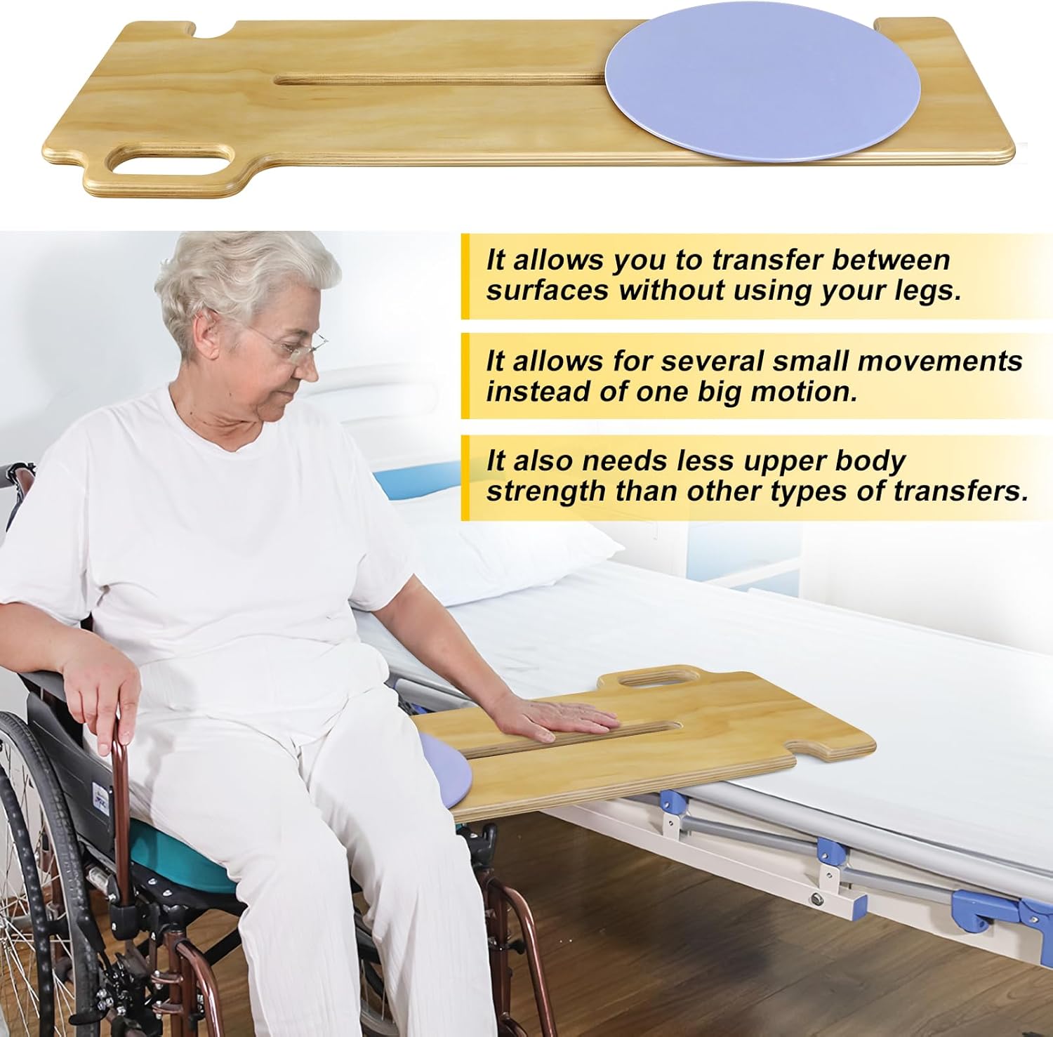 Patient Slide Transfer Board for Wheelchair Transfers, Sliding Seat and Grab Handles

