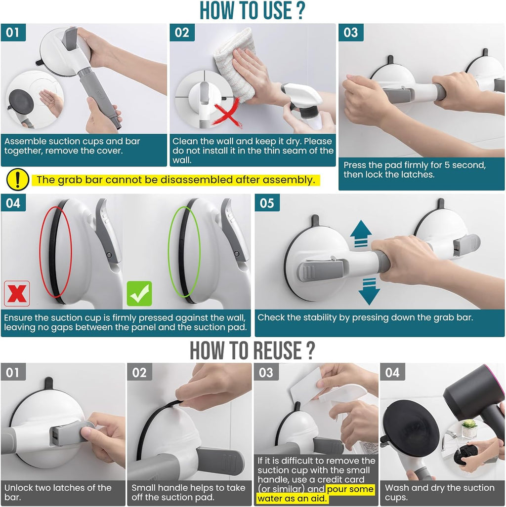 TAILI Suction Grab Bar for Bathtubs and Showers, No-Drill Safety Handrail

