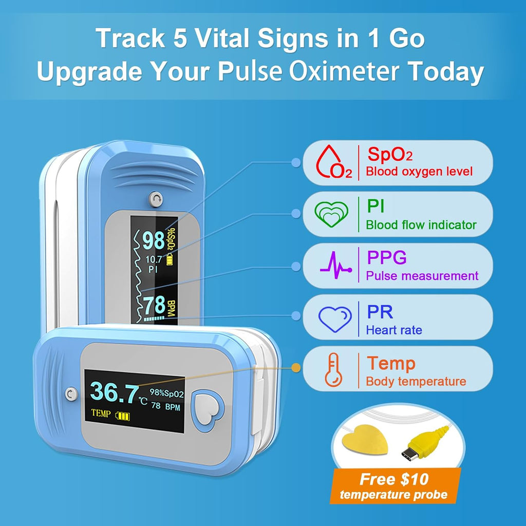 AM801 5-in-1 Medical Grade Pulse Oximeter with SpO2, Pulse Rate, Perfusion Index, Temp

