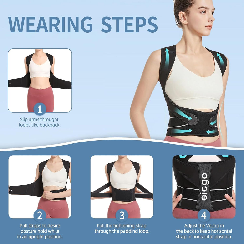 Eicgo Adjustable Posture Corrector Back Brace for Upper & Lower Back Pain Relief


