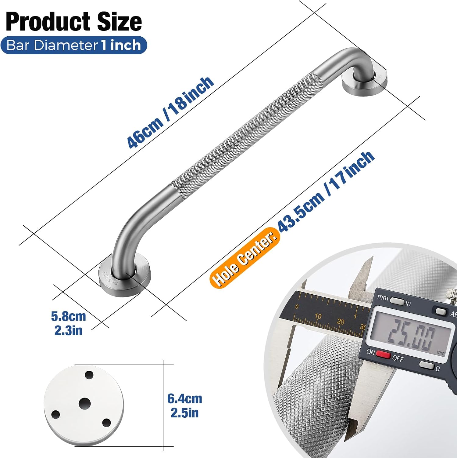 Stainless Steel Shower Grab Bar with Anti-Slip Textured Grip for Bathroom Safety

