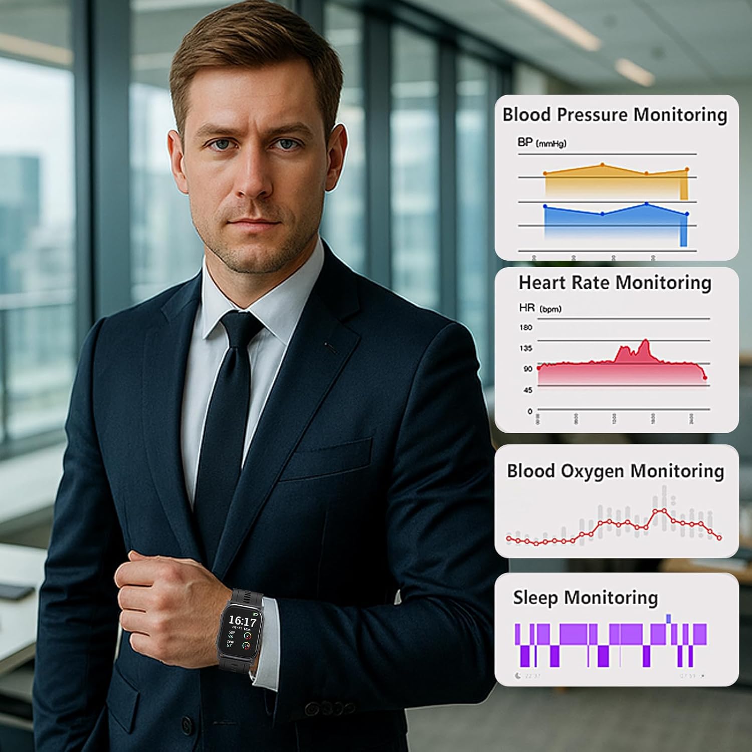 Blood Pressure Monitor Smart Watch with FDA 510(k) Clearance, Heart Rate & SpO2

