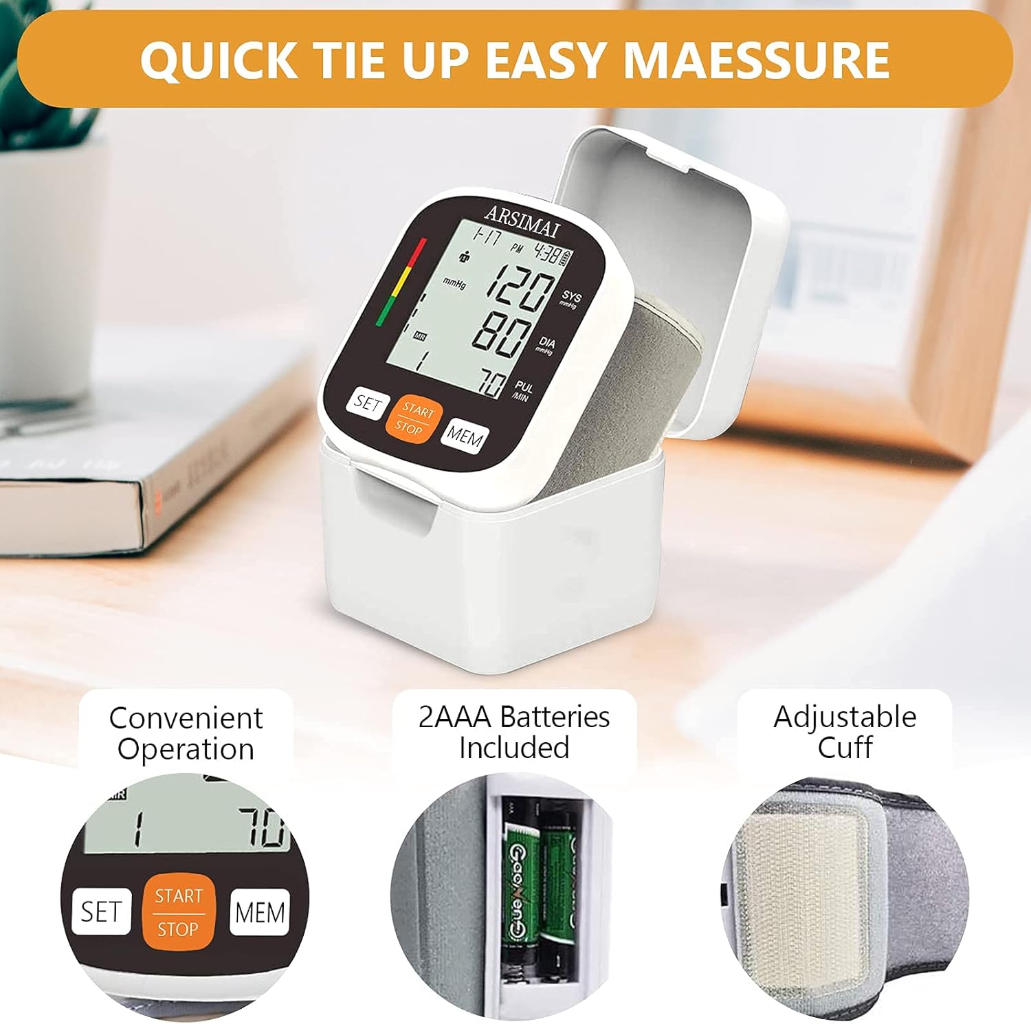 Automatic Wrist Blood Pressure Monitor with Adjustable Cuff, Large LCD, 198 Memory

