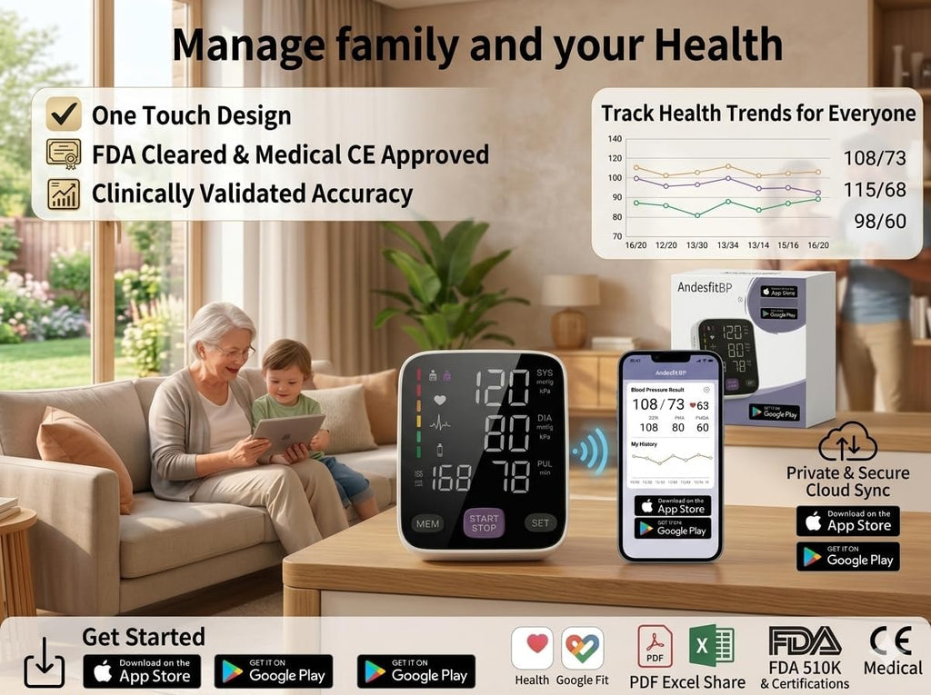 Andesfit Upper Arm Blood Pressure Monitor with Bluetooth and Large Color Display

