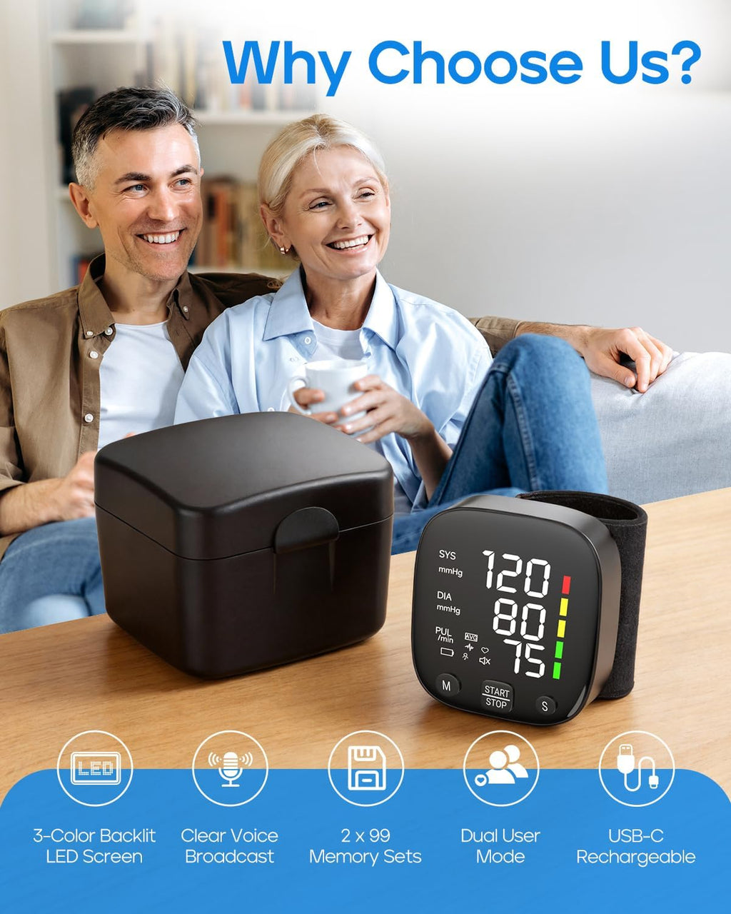 Automatic Wrist Blood Pressure Monitor with Voice Guidance and Dual User Memory

