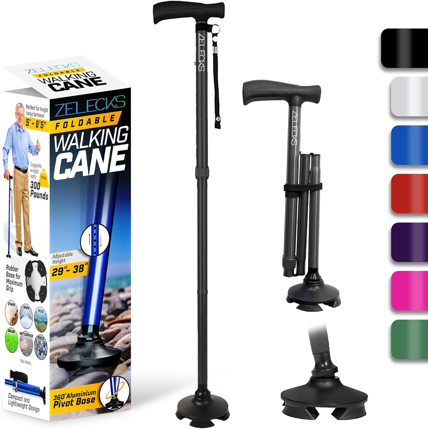 ZELECKS Walking Cane for Women and Men, Adjustable Folding Cane with T Handle


