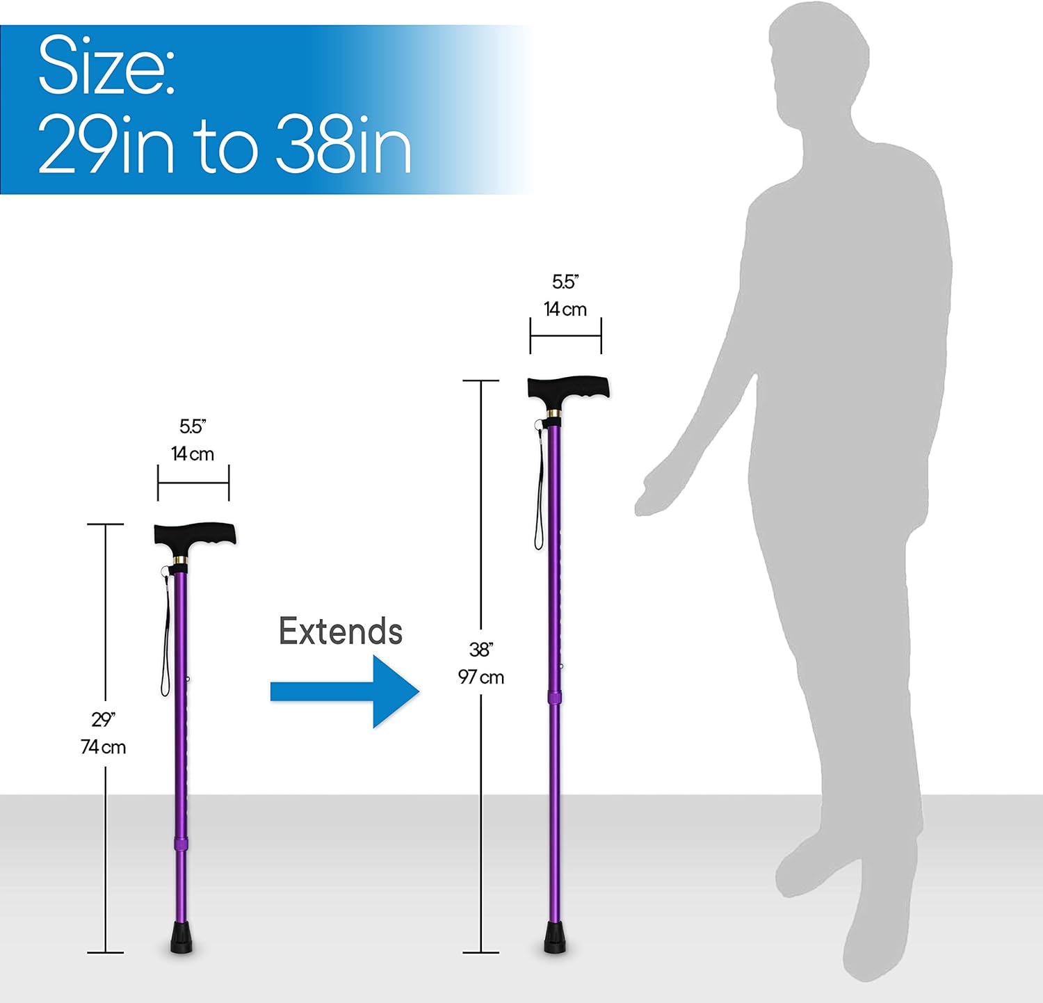 RMS Adjustable Walking Cane Aluminum Offset Handle with Wrist Strap and Rubber Tip

