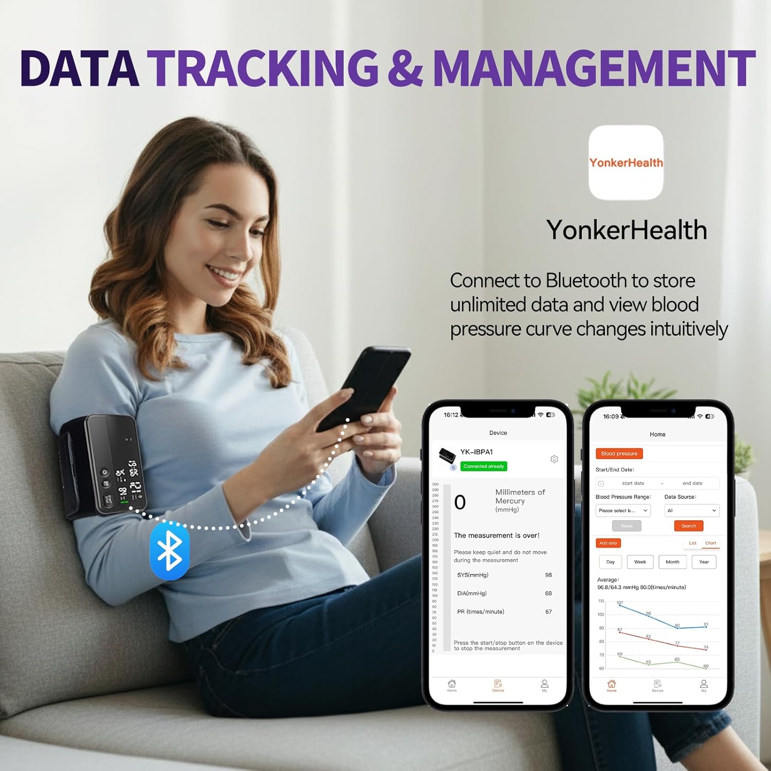 Upper Arm Bluetooth Blood Pressure Monitor, App-Enabled Digital BP Machine

