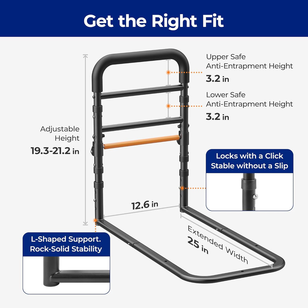 Elderly Bed Assist Rail, Adjustable Height Safety Bed Rails, Tool-Free

