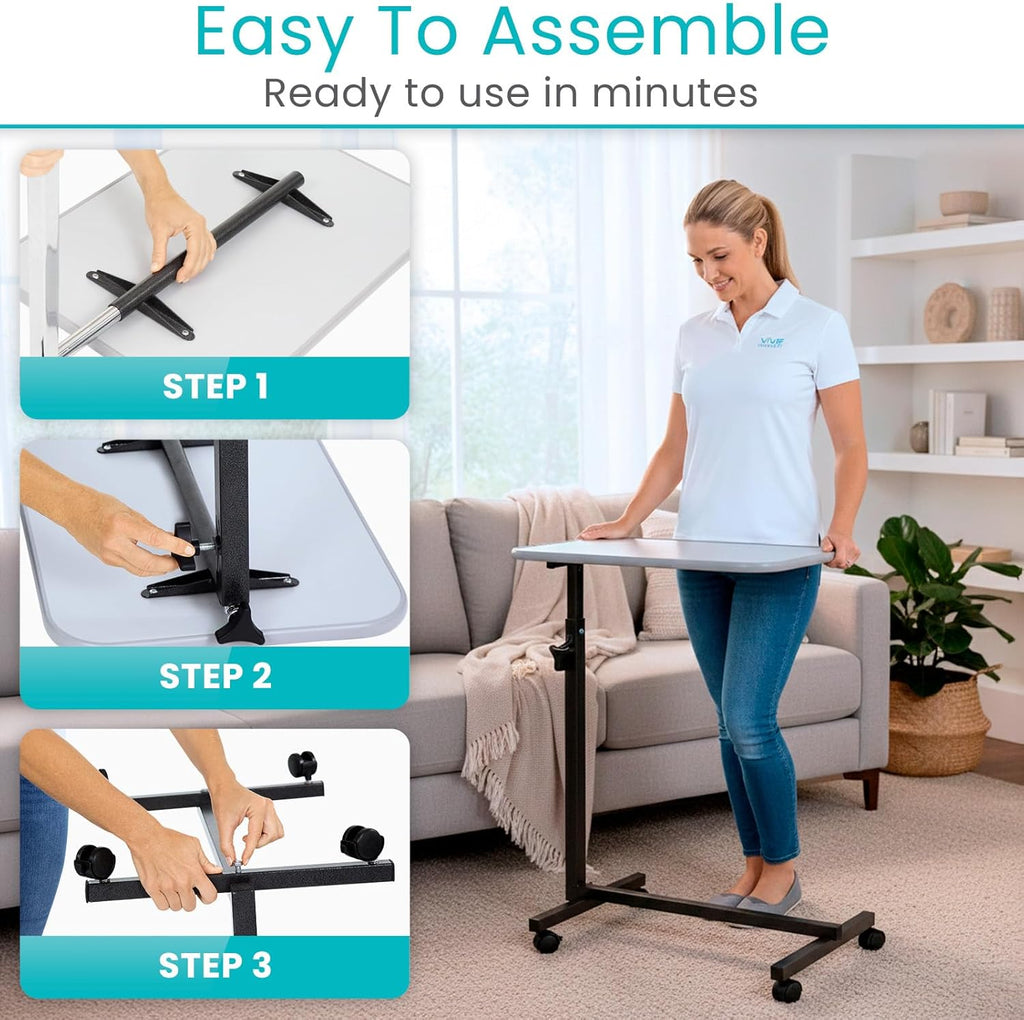 Vive Overbed Hospital Bed Table with Adjustable Height Tilt Tray and Locking Wheels

