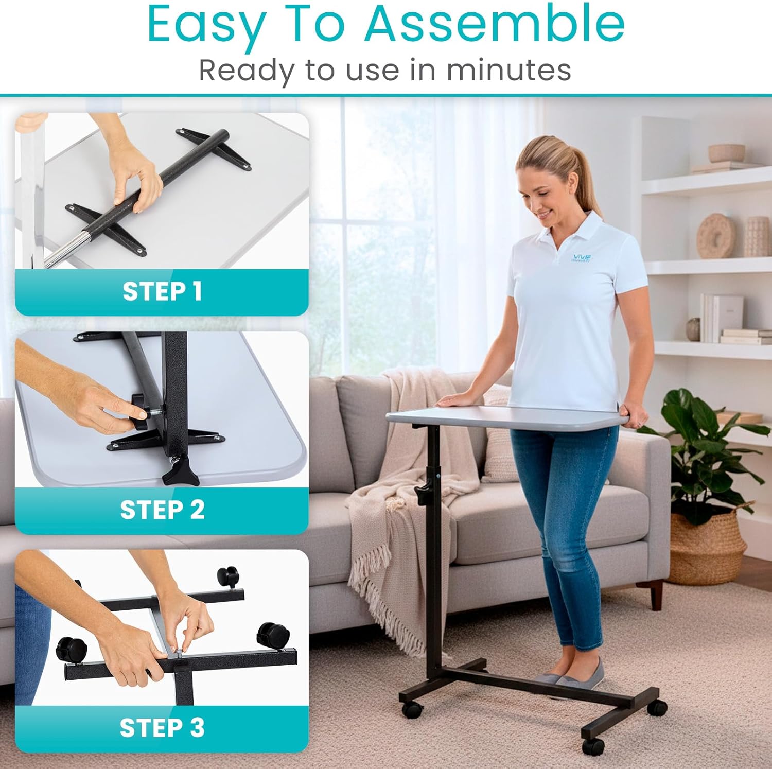 Vive Overbed Hospital Bed Table with Adjustable Height Tilt Tray and Locking Wheels

