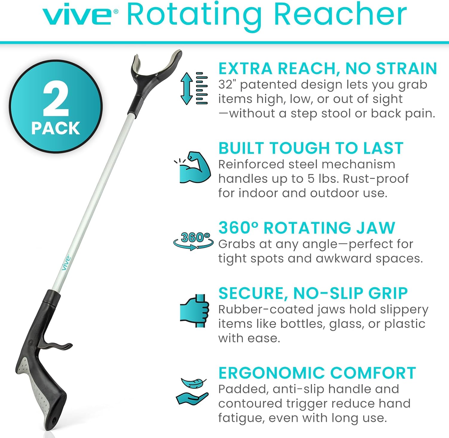 Vive Reacher Grabber Tool 32 in Extra Long Pickup Aid Rotating Grip Arm

