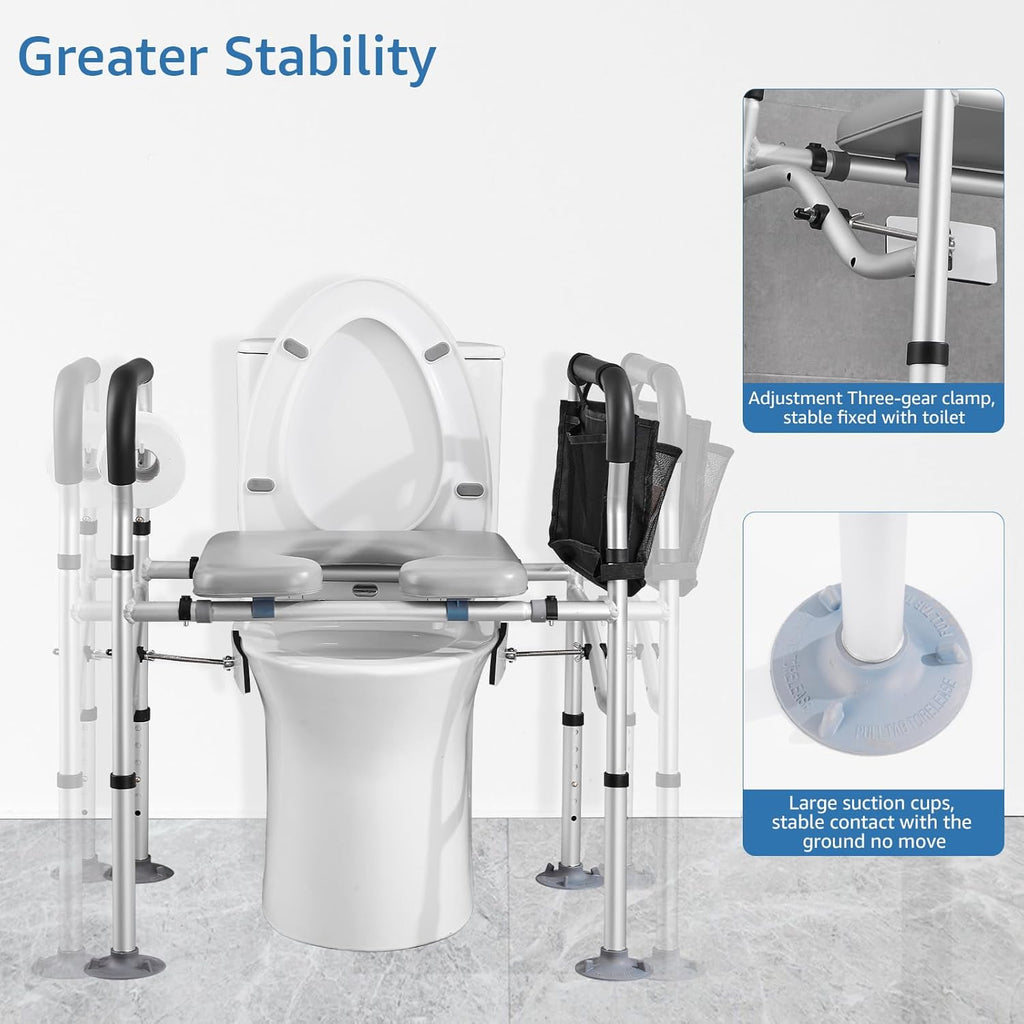 Raised Toilet Seat with Handles, Adjustable Height Padded Commode Seat 400 lb

