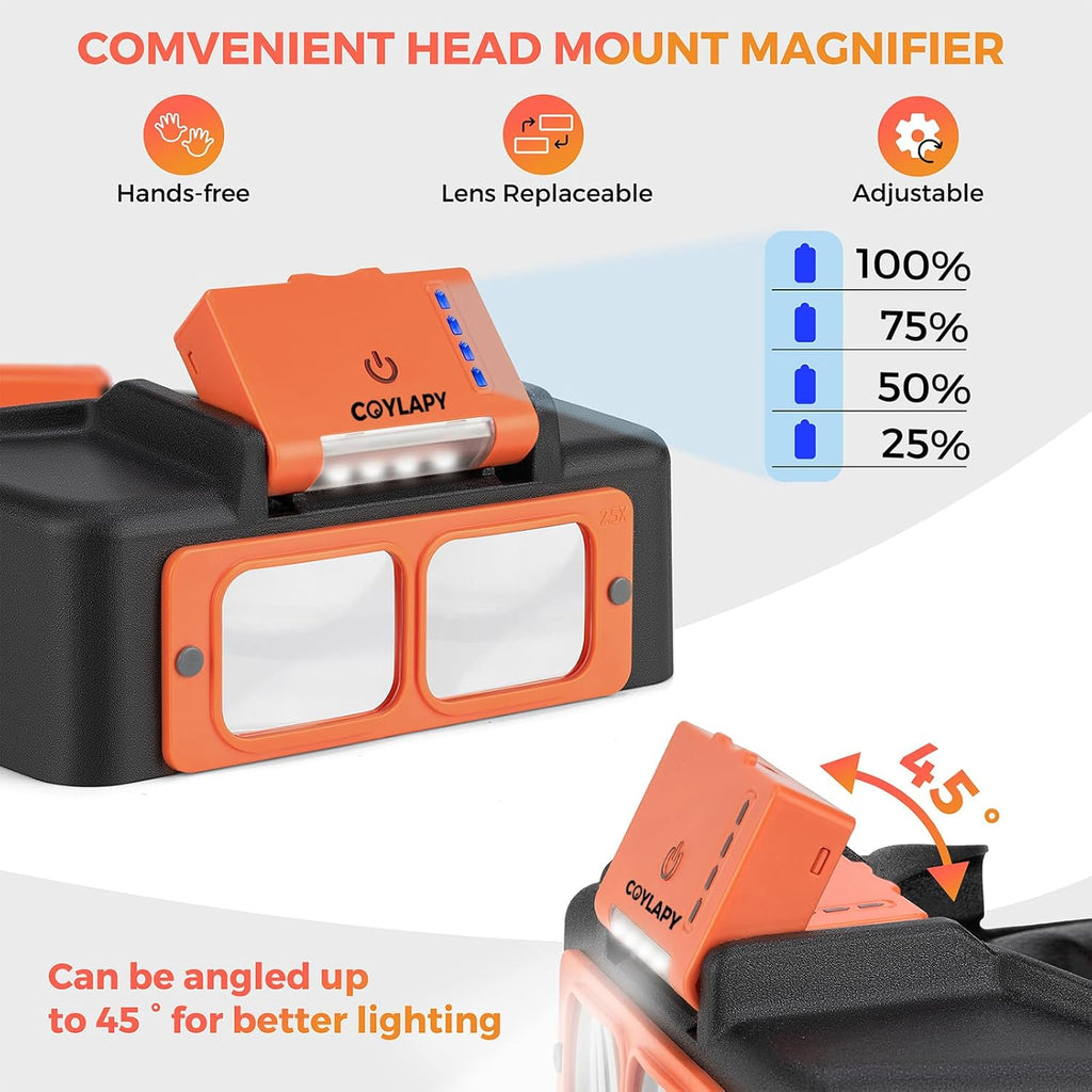 Rechargeable Headband Magnifier with Light, 4-Lens Loupe Visor for Close Work

