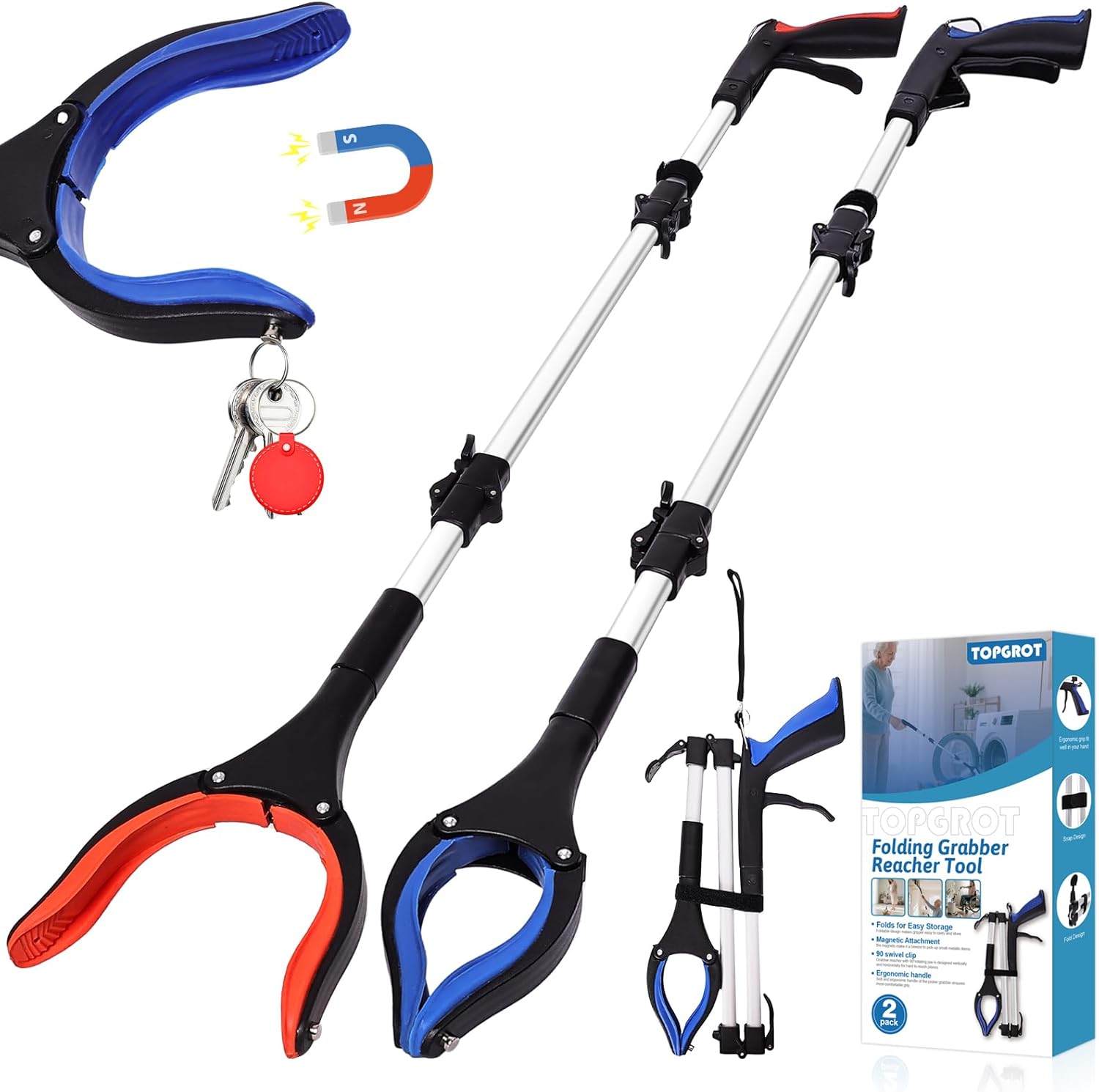 Grabber Reacher Tool for Seniors Foldable Pickup Stick with Magnet, Rotating Jaw

