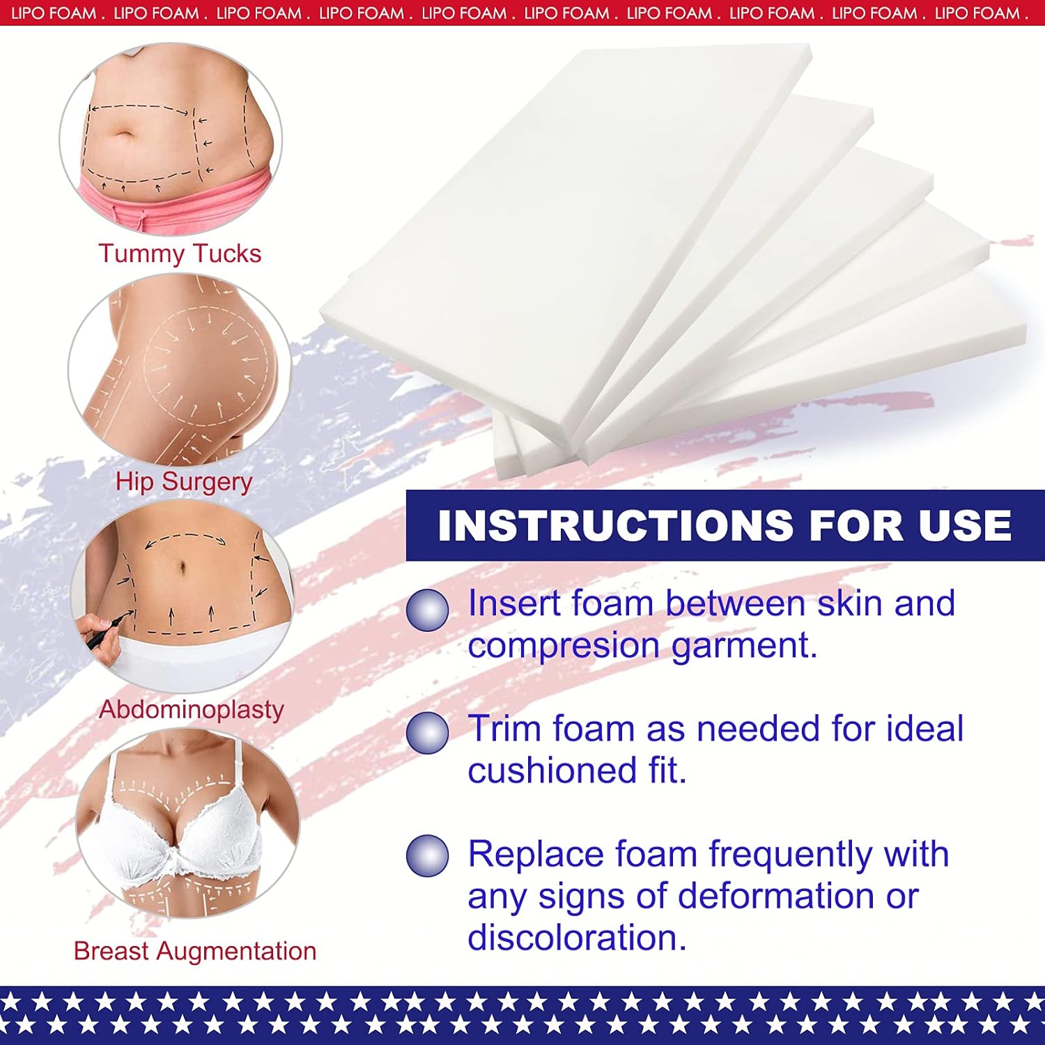 KUSMOO Post-Surgery Lipo Foam Pads for Compression Garments, Abdominal Support

