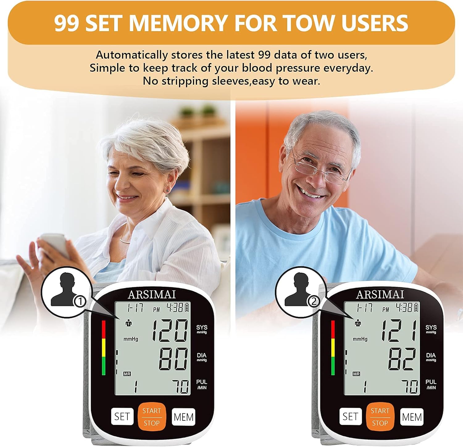 Automatic Wrist Blood Pressure Monitor with Adjustable Cuff, Large LCD, 198 Memory

