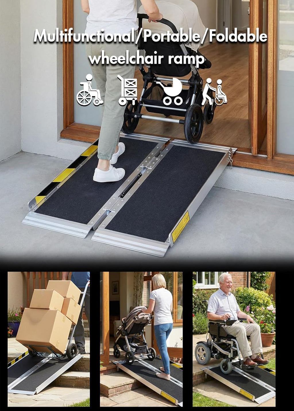 Portable Folding Aluminum Wheelchair Ramp, Non-Slip Threshold Ramp for Steps


