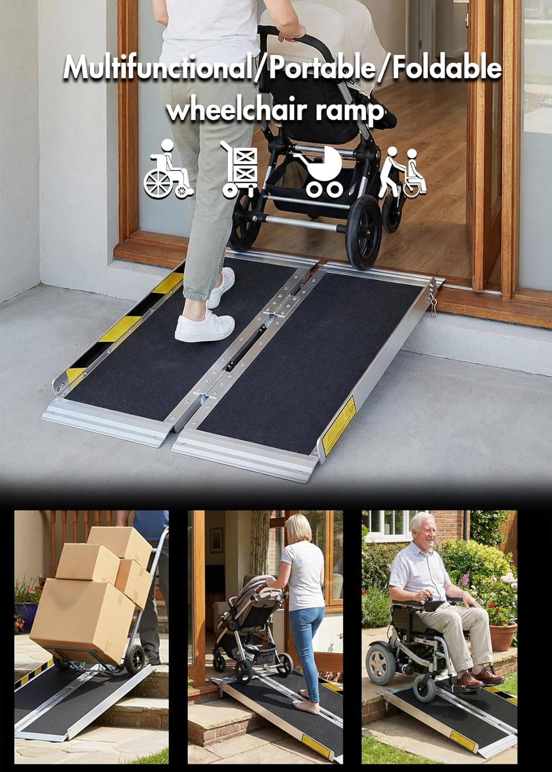 Portable Folding Aluminum Wheelchair Ramp, Non-Slip Threshold Ramp for Steps

