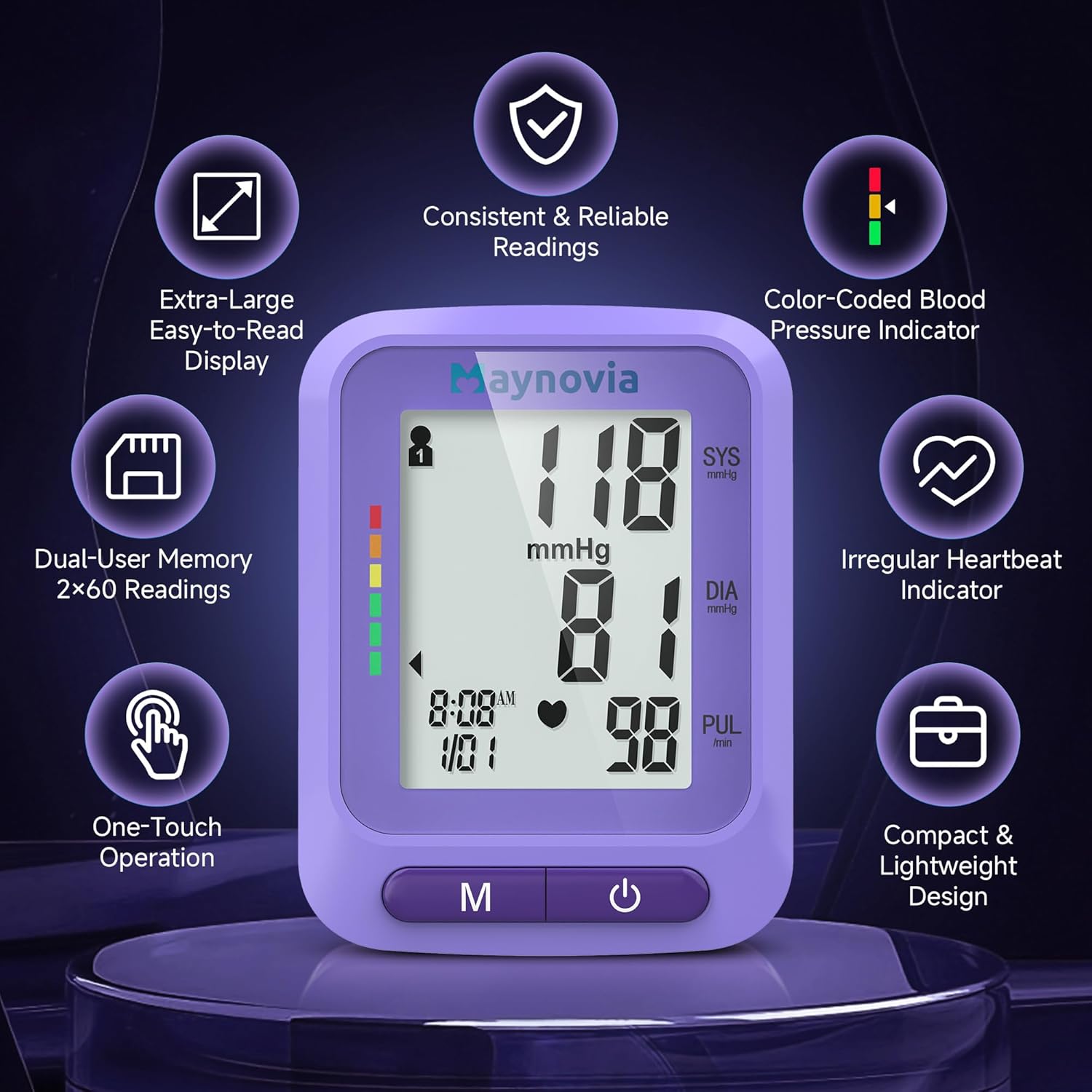 Dual-User Wrist Blood Pressure Monitor with LCD Display and 120 Memory for Home Use

