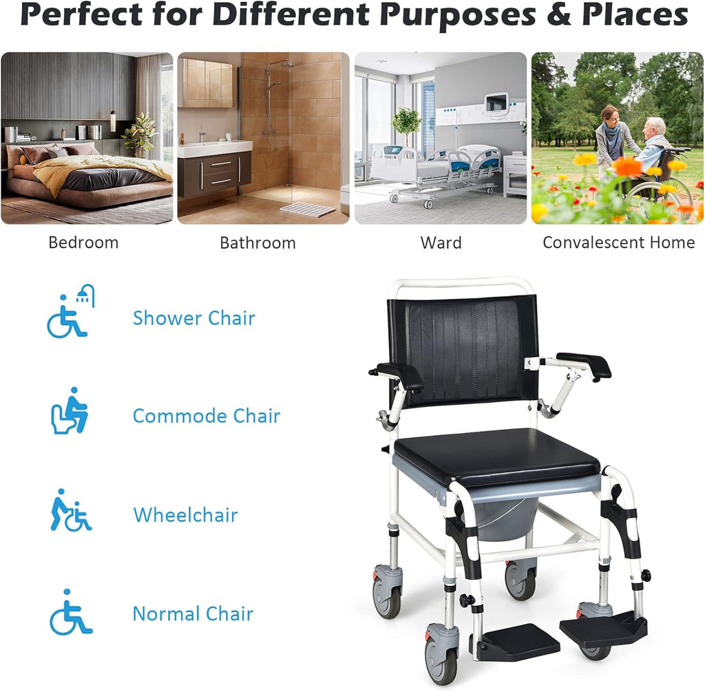 Giantex 4-in-1 Bedside Commode Shower Wheelchair Chair with Arms and Locking Wheels


