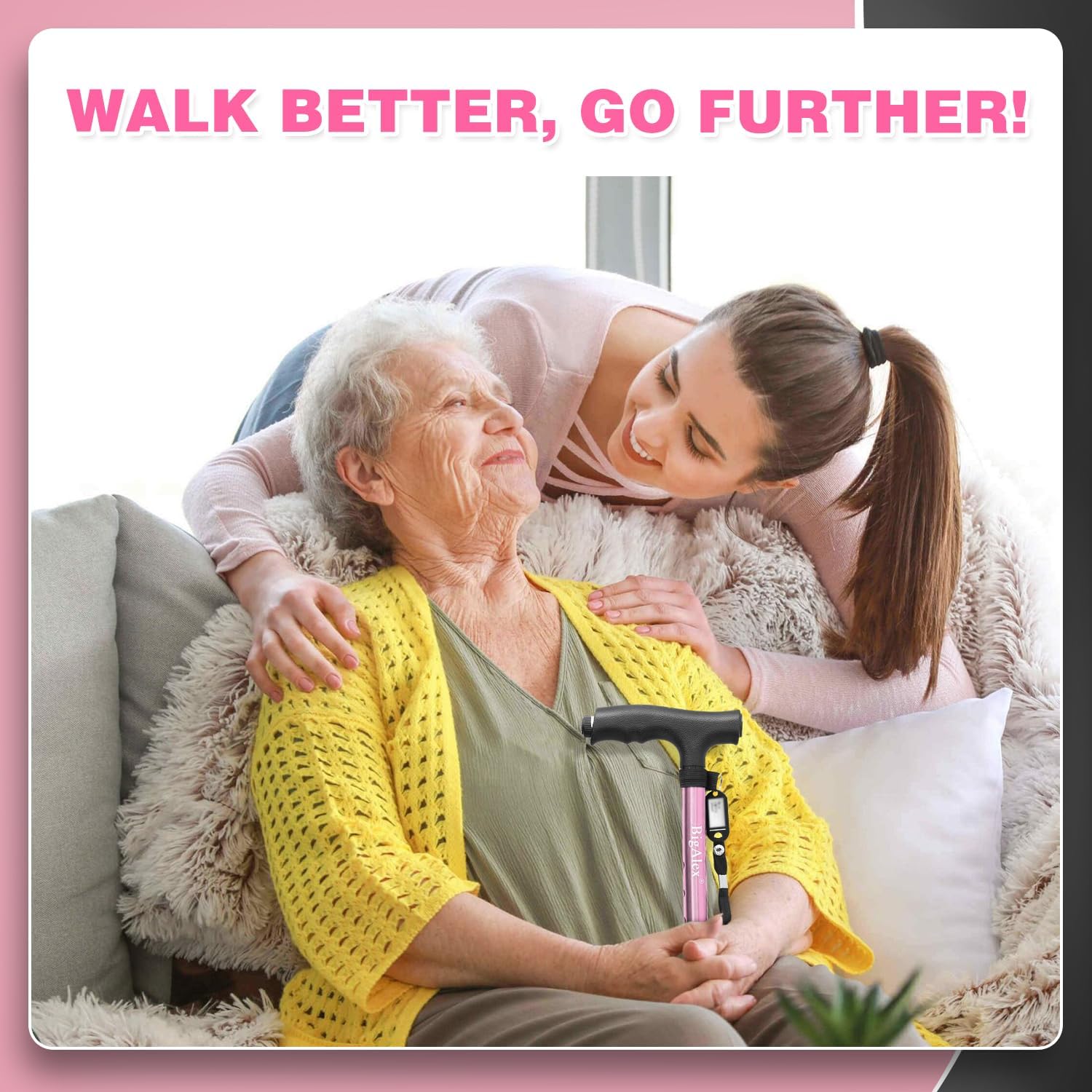 BigAlex Folding Walking Cane with LED Light, Pivoting Quad Base, Adjustable Handle Bag

