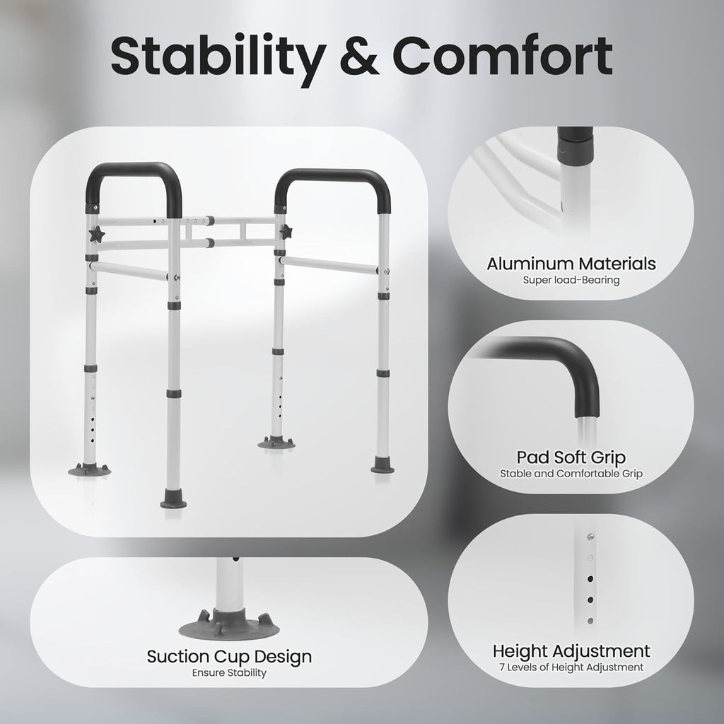Careboda Foldable Toilet Safety Rails, Adjustable Grab Bar for Seniors and Disabled

