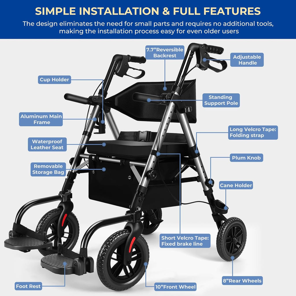 Akoasm Foldable Rollator Walker with Seat, 2-in-1 Wheelchair Combo

